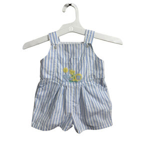 Vintage All Mine Baby Romper Blue White Stripe Overalls Embroidered Animals 6–12